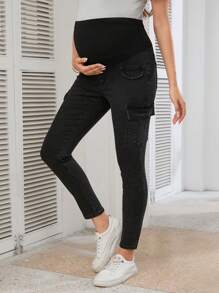 SHEIN Pantalones vaqueros tubitos informales de maternidad de carga con bolsillo y cintura ajustable en negro - Negro - Ver 4