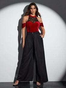 ELEONORA CICCHETTI 设计师女士黑红色蕾丝天鹅绒立领性感露肩紧身衣派对、节日装、节日