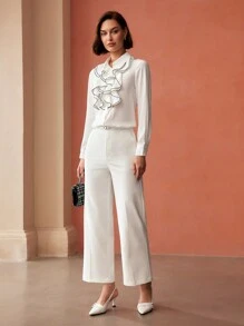 MOTF PREMIUM CONTRAST PIPING JABOT COLLAR SHIRT