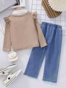 SHEIN 2pcs/Set Young Girl Retro 2 In 1 T-Shirt With Cherry Embroidered Denim Pants - Multicolor - View 2