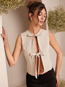 L'Amorae Top casual de cuello redondo y sin mangas de unicolor, todo a conjunto