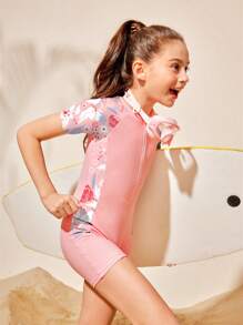 SHEIN Tween Girls Plant Print Zipper Front One-Piece Swimsuit, Summer Beach Summer Holiday - Pink - View 7
