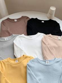 SHEIN Conjunto de 7 camisetas de manga larga de punto de unicolor, ideales y versátiles para niños y niñas pequeños en otoño/invierno