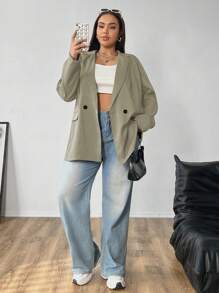 Flirla Plus Size Women Striped Lapel Collar Long Sleeve Double-Breasted Loose Casual Blazer Jacket, Autumn - Multicolor - View 4