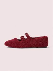 CUCCOO DOLLMOD Women Square Toe Fluffy Red Mary Jane Flat Shoes With Bow, Simple & Stylish, Cute Design Valentines - Red - View 6
