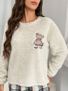 Cartoon Bear Embroidery Drop Shoulder Flannel Fluffy Sleep Top, Winter, Cozy - Apricot - View 4
