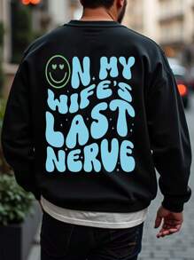 1pc Men's Fashion Casual Smiling Face Slogan Letter Print Crew Neck Fleece Sweatshirt, Autumn/Winter - Black - View 1