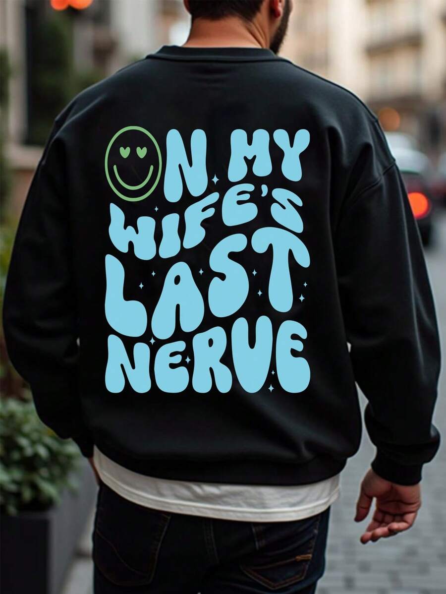 1pc Men's Fashion Casual Smiling Face Slogan Letter Print Crew Neck Fleece Sweatshirt, Autumn/Winter - Black - View 1