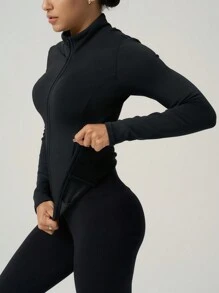 SHEIN Sports Women's Solid Color Front Zip Long Sleeve Casual Fleece Jacket