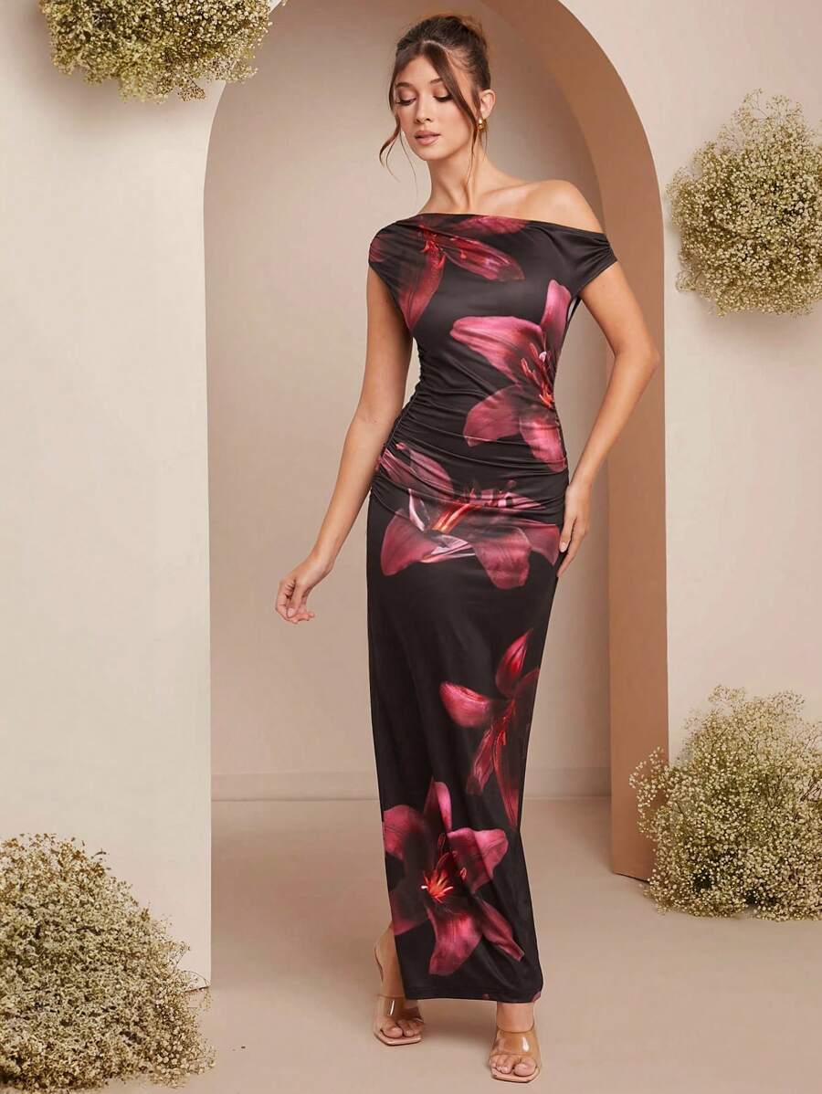L'Amorae Váy bodycon nhún bèo một bên vai bất đối xứng có xẻ sau lưng - Nhiều màu - Xem 1
