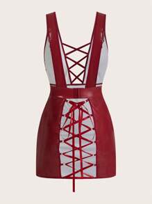 SHEIN Women Sexy Backless Criss-Cross PU Leather Bodycon Dress, Black For Going Out - Burgundy - View 2