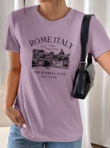 INAWLY 意大利罗马天际线短袖休闲圆领 T 恤女款图案 T 恤女式上衣