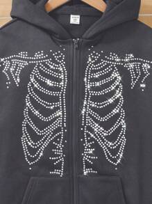 Sweatshirt Hoodie Pullover Longgar Kasual Ukuran Besar Motif Tengkorak dan Rhinestone untuk Anak Perempuan Remaja, Lengan Panjang - Dark Grey - View 4