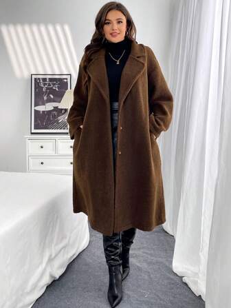 SHEIN Essnce Große Größen Mode Herbst-Look für Frauen, Thanksgiving-Outfit für Frauen, Wintermode für Frauen, Thanksgiving Business Lässig für Frauen, elegante Kleider für Frauen, Thanksgiving-Outfit für Frauen, Business Lässig Formelle Kleider für Frauen, warme Kleidung für den Arbeitsweg, eleganter Winterwärme-Kälte-Wetter-Mantel mit Stehkragen, Plüschjacke, Wintermantel, Winterjacke für Frauen, Teddy-Mantel, Wintermantel für Frauen
