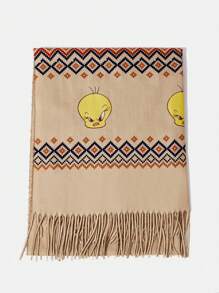 LOONEY TUNES X SHEIN Women's Cartoon & Geometric Pattern Fringed Long Scarf - Camel - View 7