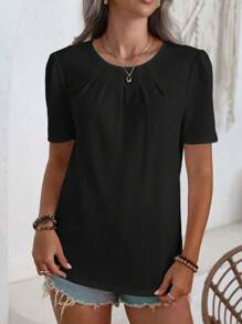 SHEIN LUNE Áo cánh thường ngày cổ tròn tay ngắn màu trơn cho nữ - màu đen - Xem 1