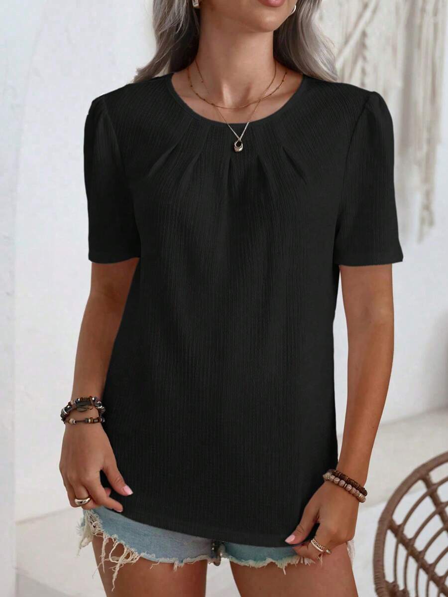 SHEIN LUNE Áo cánh thường ngày cổ tròn tay ngắn màu trơn cho nữ - màu đen - Xem 1