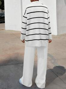 EURMUSE Women Striped Sweater Cardigan And Pant Set - White - View 2