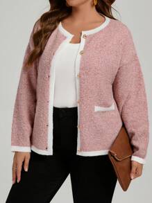 Áo khoác Cardigan cỡ lớn có viền tương phản, trang phục thường ngày, thu/đông - Bụi hồng - Xem 7
