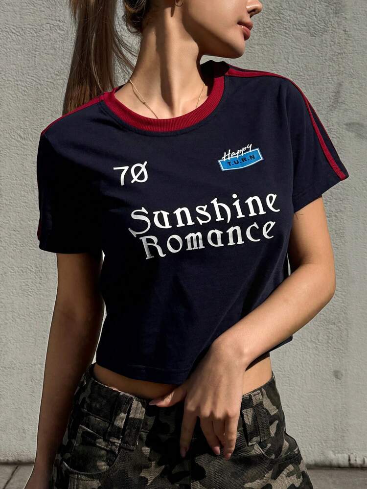 Women's Letter Print Crop Round Neck Short Sleeve Fitted T-Shirt,Graphic Tees