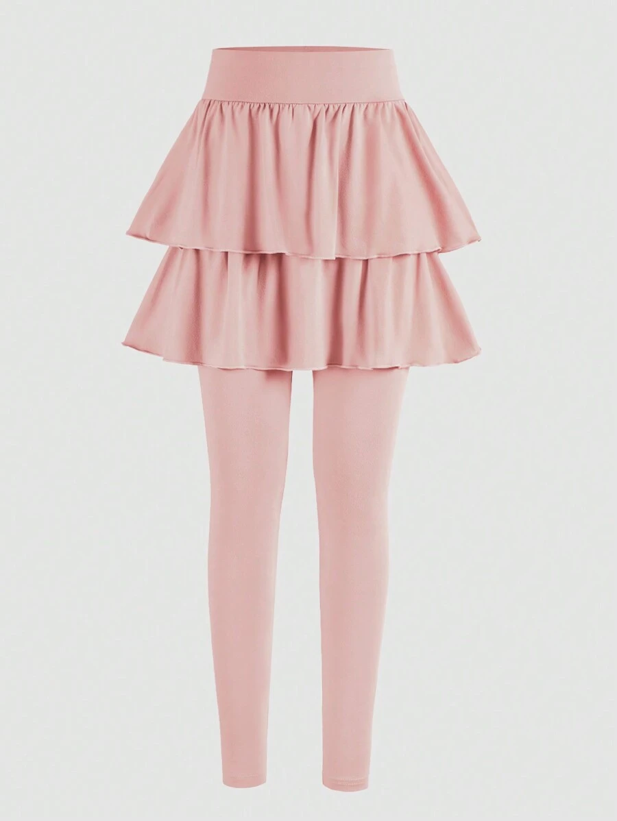 Tween Girl Ruffle Hem Layered Casual Long Leggings, Princess Style - Pink - View 1