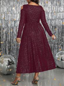 SHEIN Clasi Váy dài tay hở vai bằng vải dệt kim màu bạc cỡ lớn, trang phục thường ngày cho năm mới, trang phục Maxi cho phụ nữ - Đỏ - Xem 2