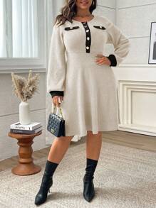 Franclia Plus Size Solid Color Patchwork Round Neck Front Button Casual Mini Dress, Long Sleeve