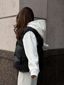 INAWLY Plus Size Women's Black Cotton Padded Vest, Warm Puffer Vest Jacket For Autumn/Winter Fall