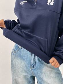 INAWLY 女士字母图案半拉链撞色领宽松卫衣，春秋季套头衫 - 藏蓝色 - 查看 6