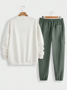 Manfinity RelaxMax Chándal informal de hombre con sudadera de cuello redondo de manga larga con estampado de letras y pantalón cargo, otoño