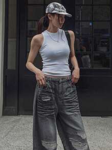 DAZY Women Loose Distressed Jeans, Fashionable Street Style - Grey - View 10
