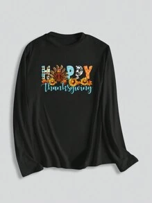INAWLY Thanksgiving Turkey Floral Pattern Graphic And Letter Print Ladies Round Neck Long Sleeve T-Shirt Casual Top Graphic Tees Women Tops For Spring Outfit
