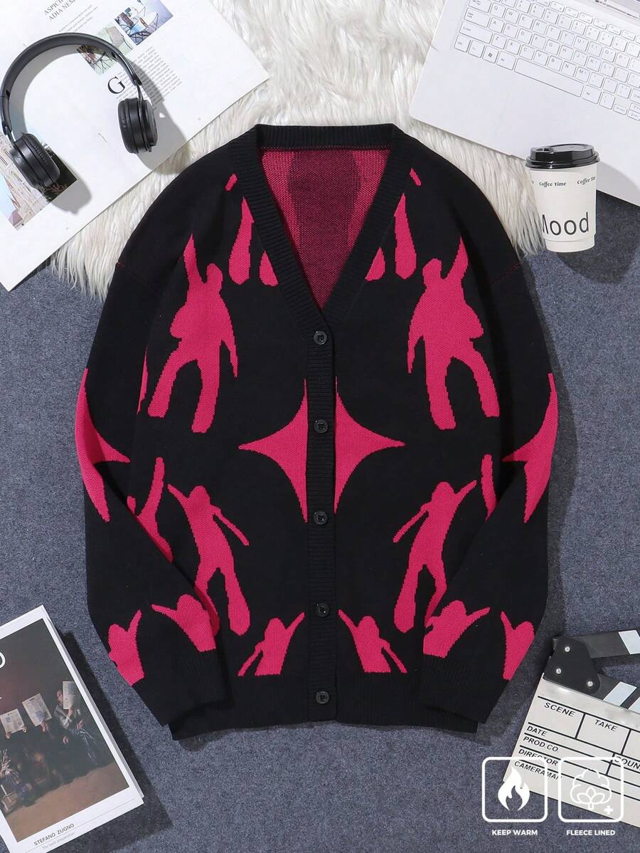 Manfinity Hypemode Men's New Autumn/Winter Warm Knitted Sweater Cardigan, Versatile Casual Pullover For Layering, Stylish Graphic Pattern Outwear - Black - View 1