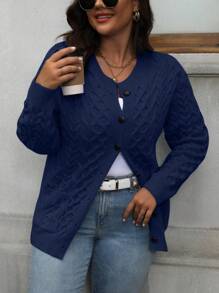 Cárdigan de talla grande de unicolor con bolsillos dobles, informal para otoño/invierno