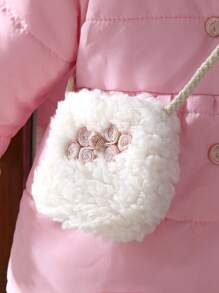 SHEIN Baby Girls' Autumn/Winter Thickened Warm Woven Hanfu-Style Fluffy Collar Jacket, With Cute Fuzzy Bag