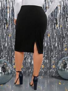 SHEIN CURVE+ 大码女式修身金属纽扣细节黑色派对裙 - 黑色 - 查看 2