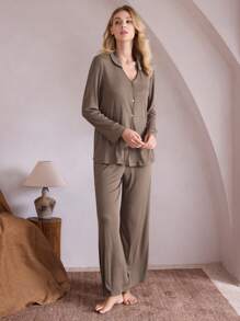 Ocili Ocili Leisure Women Plain Front Button Closure Long Sleeve Top And Long Pants Loungewear Set