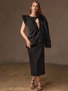 MOTF PREMIUM SOLID LAYERED RUFFLE TRIM PEPLUM WAIST MIDI DRESS - Black - View 9