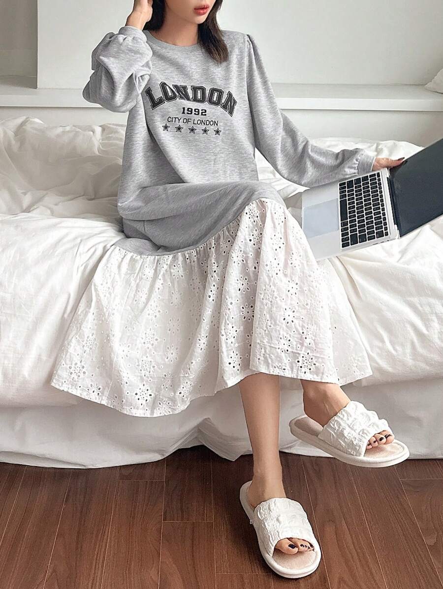 DAZY 女士字母图案装饰针织面料拼布镂空刺绣下摆家居服连衣裙睡衣 - 灰色 - 查看 1
