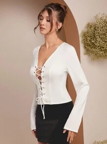 L'Amorae 1pc Women's Solid Color Eyelet Tie Design Inset Long Sleeve Fashion Top, Autumn - White - View 6
