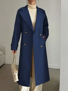 EURMUSE Women Casual Solid Color Double Breasted Overcoat, Autumn/Winter - Blue - View 4