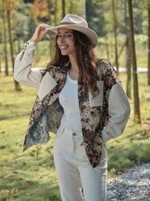 LanaWest 1 pieza Chaqueta casual de cuello camisero con manga larga, hombros caídos y parche de jacquard para otoño