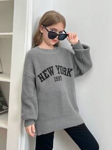 SHEIN Leap Crew Áo len hở vai quá khổ phong cách đường phố giản dị theo phong cách trường học Mỹ tối giản với khẩu hiệu & đồ họa hoạt hình, màu xám - Màu Xám nhạt - Xem 4