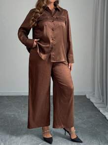 SHEIN LUNE 2pcs Plus Size Women Solid Color Woven Casual Outfit, For Autumn