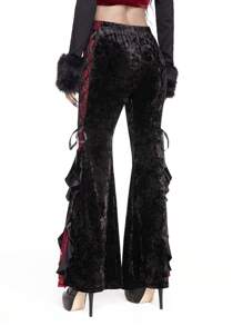 ROMWE Goth 哥特式神秘宫殿奢华对比蕾丝蝴蝶结和荷叶边下摆喇叭裤 - 黑色 - 查看 3