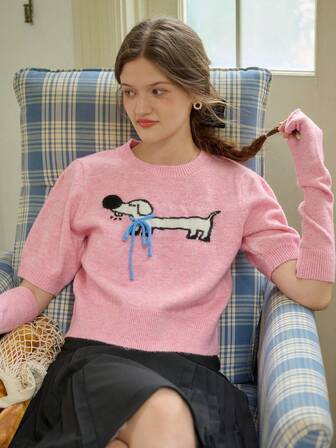 Simple Retro Wool Ladies' Round Neck Puff Sleeve Bow Detail Pullover Sweater