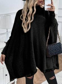 SHEIN LUNE Turtleneck Batwing Sleeve Asymmetrical Hem Knit Poncho Knit Pullover Fall Winter - Black - View 6