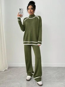 Pariaura 2pcs Women Set, Regular Raglan White And Striped Trim Sweater - Army Green - View 6