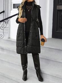 SHEIN Maternity Autumn/Winter Casual Warm Drawstring Waist Zip-Up Hooded Padded Vest Jacket