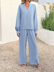 INAWLY 2 pièces ensemble Top décontracté à manches longues et col en V de couleur unie et pantalon pour femmes